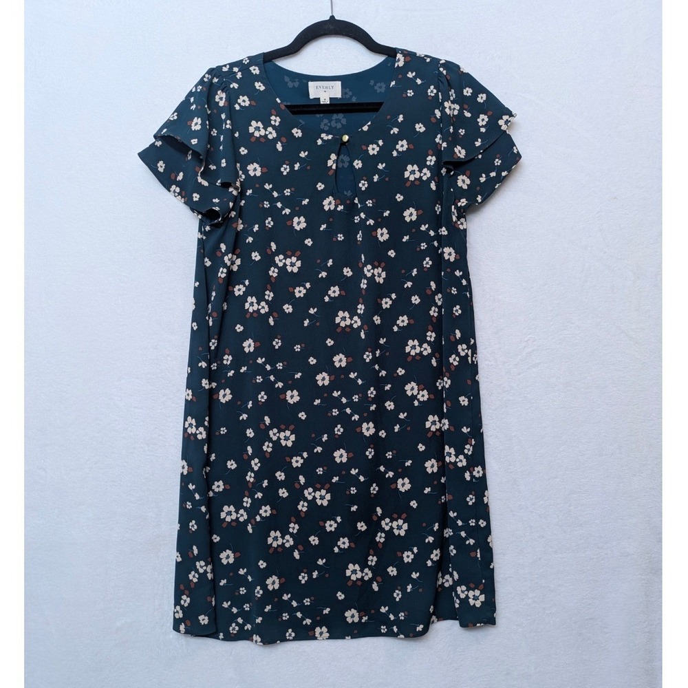 Everly Women's Medium Floral Flutter Sleeve Shift Dress Blue Cream - Picture 6 of 9